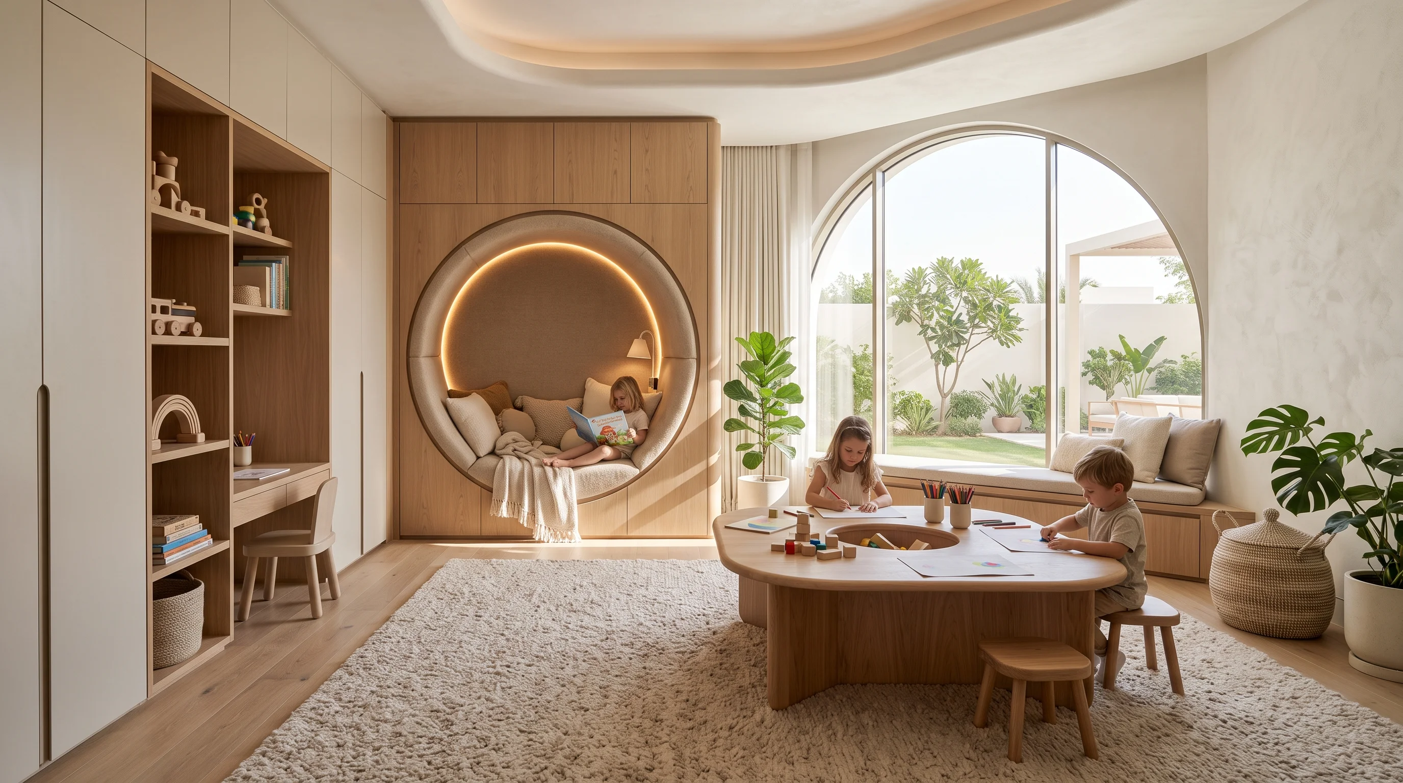 Playful twin bedroom interior with bespoke bunk joinery in Lusail