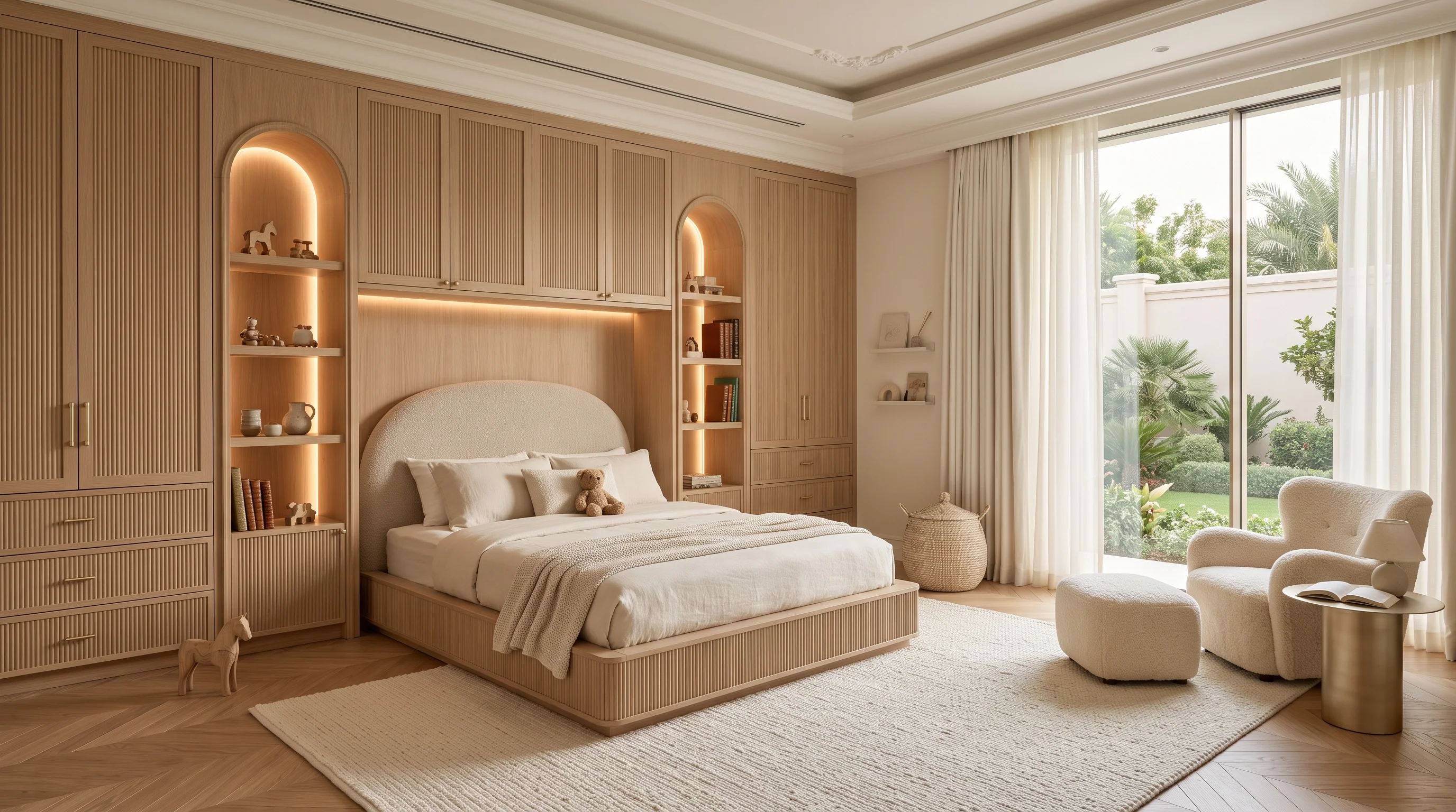 Architectural kids room design with bespoke timber bed and reading alcove
