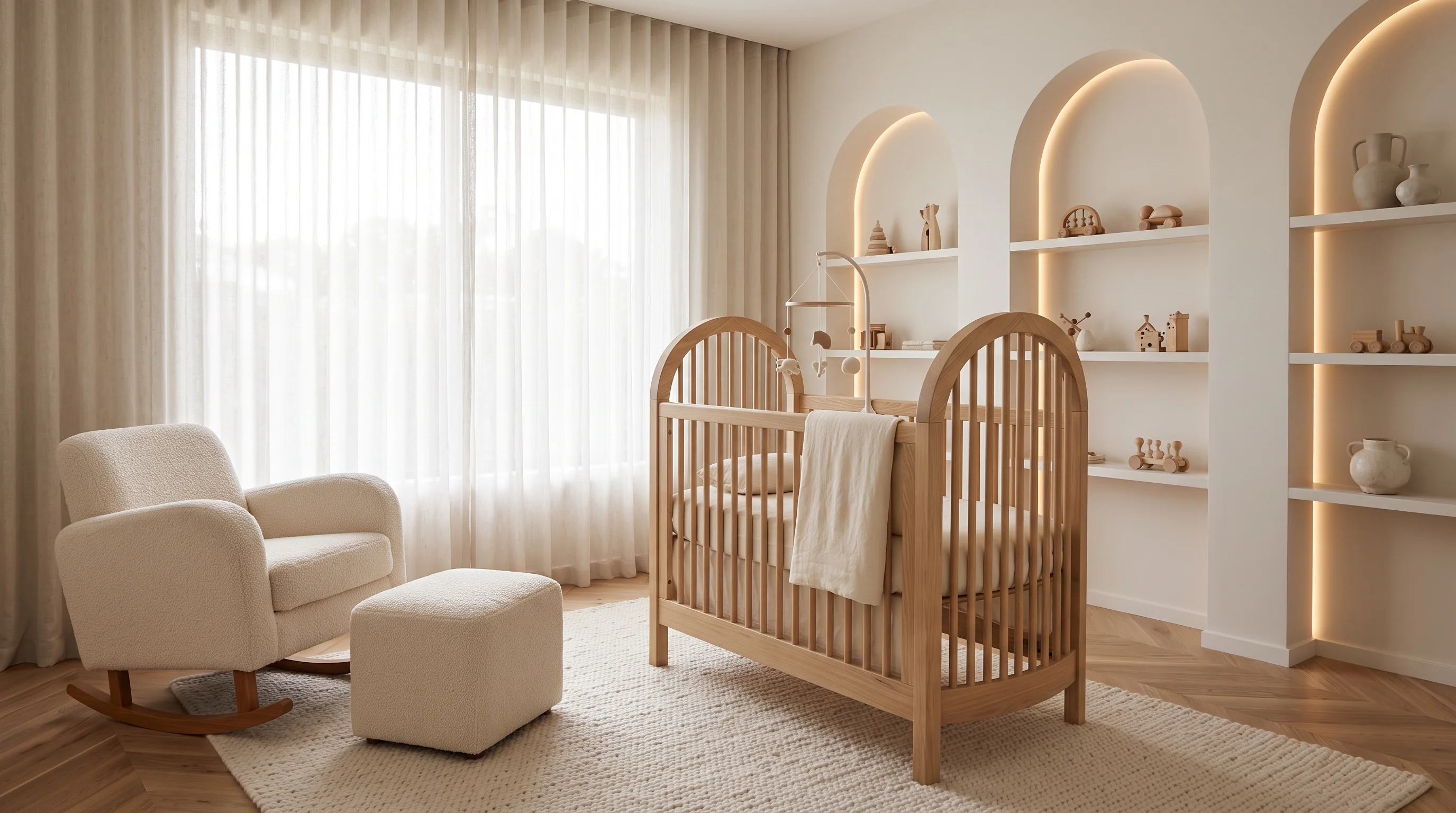 Serene nursery sanctuary with organic crib and soft acoustic wall panelling