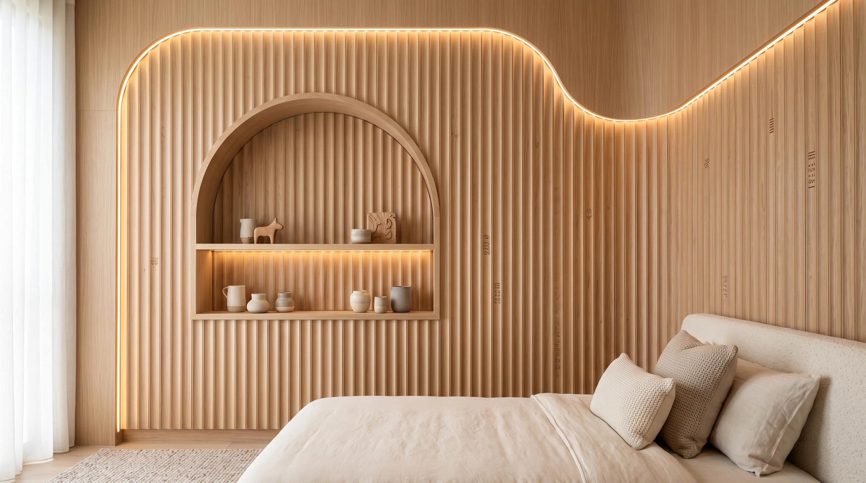 Acoustic fluted timber wall feature with indirect warm light wash