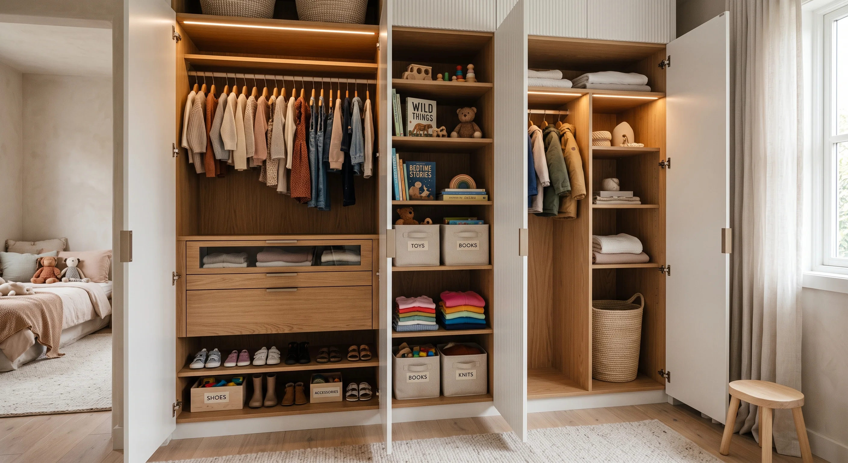Child-height illuminated wardrobe with soft-close toddler drawers