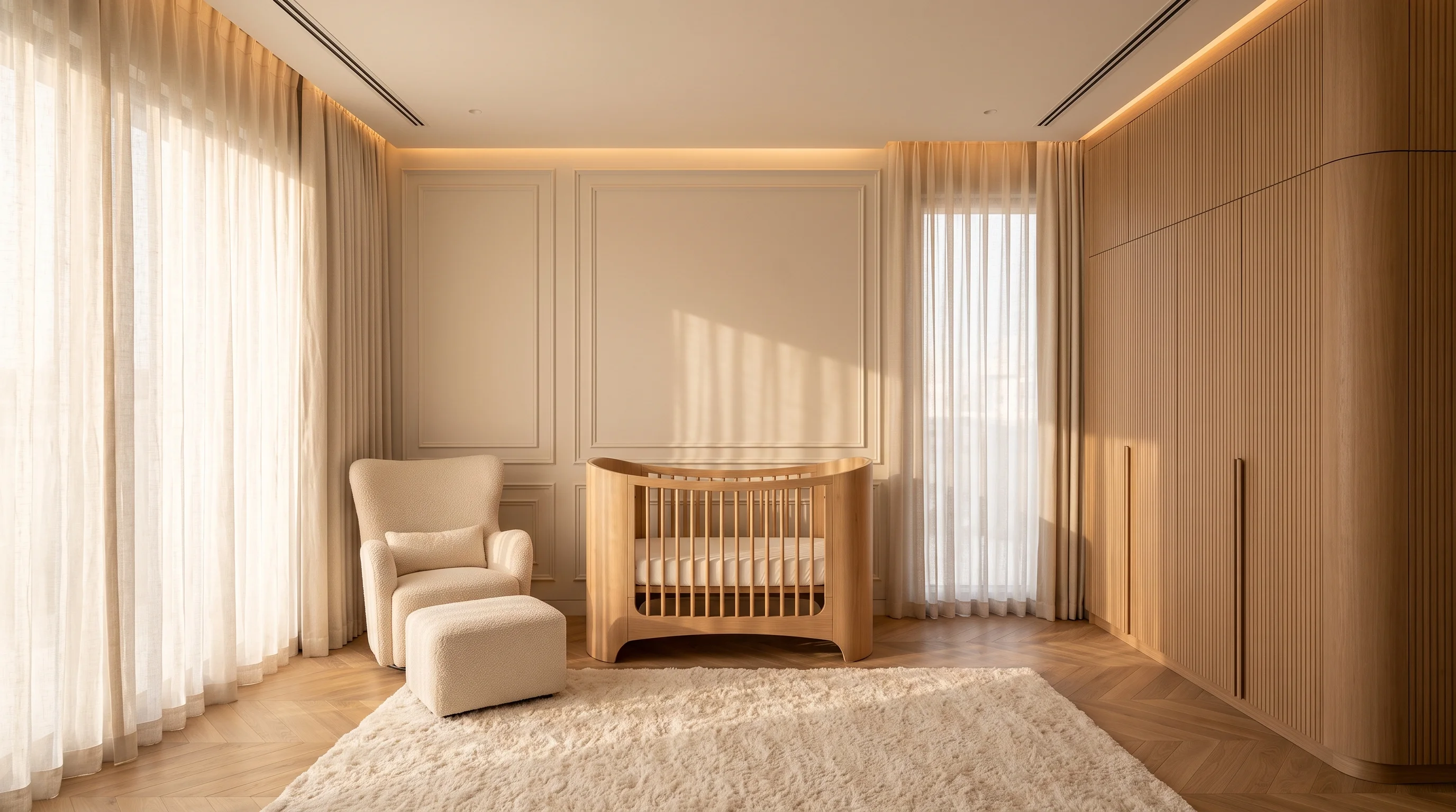 Luxury nursery interior architecture with custom birch crib in Doha