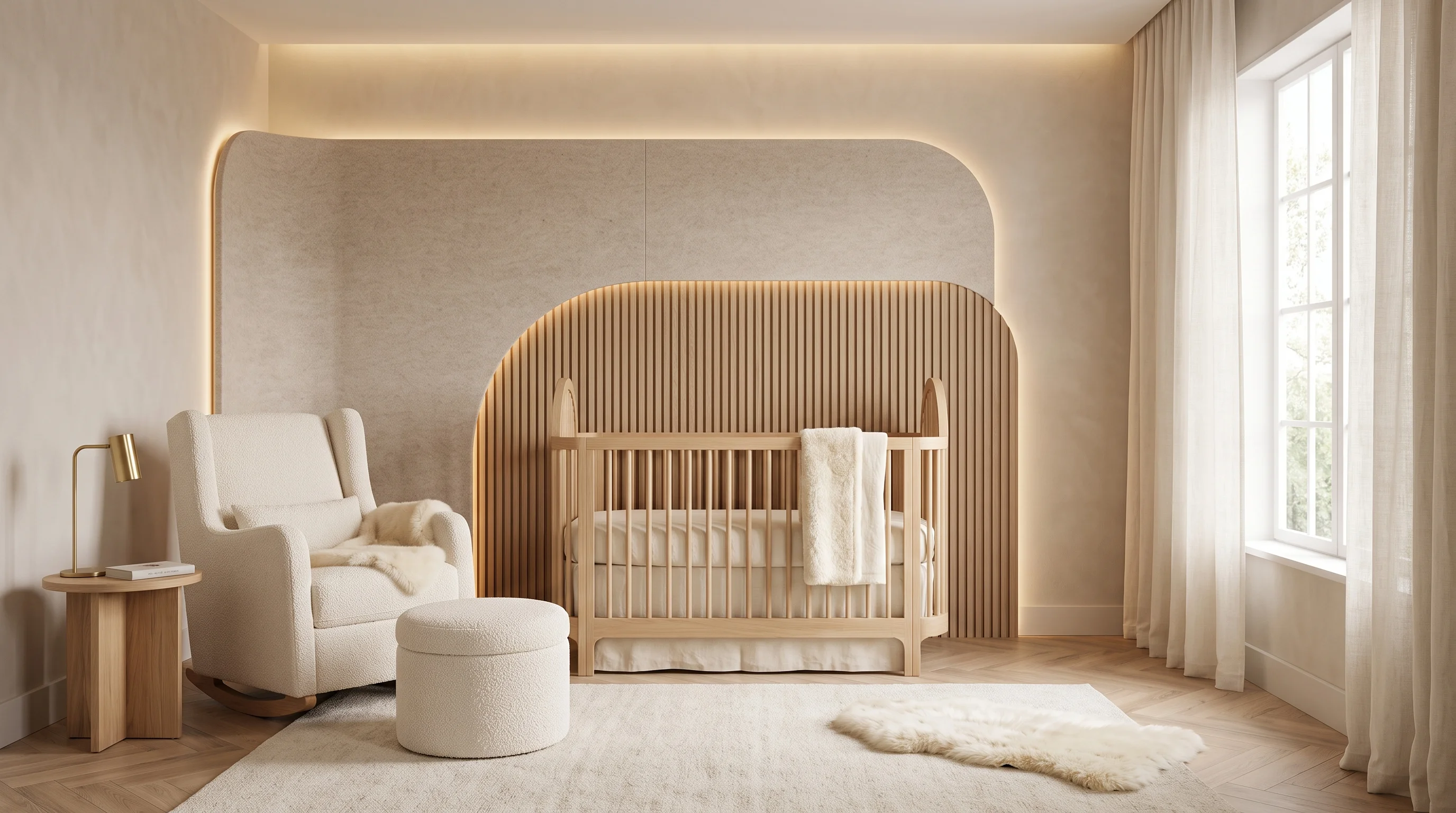 Peaceful infant environment with acoustic wall panelling and zero-VOC materials