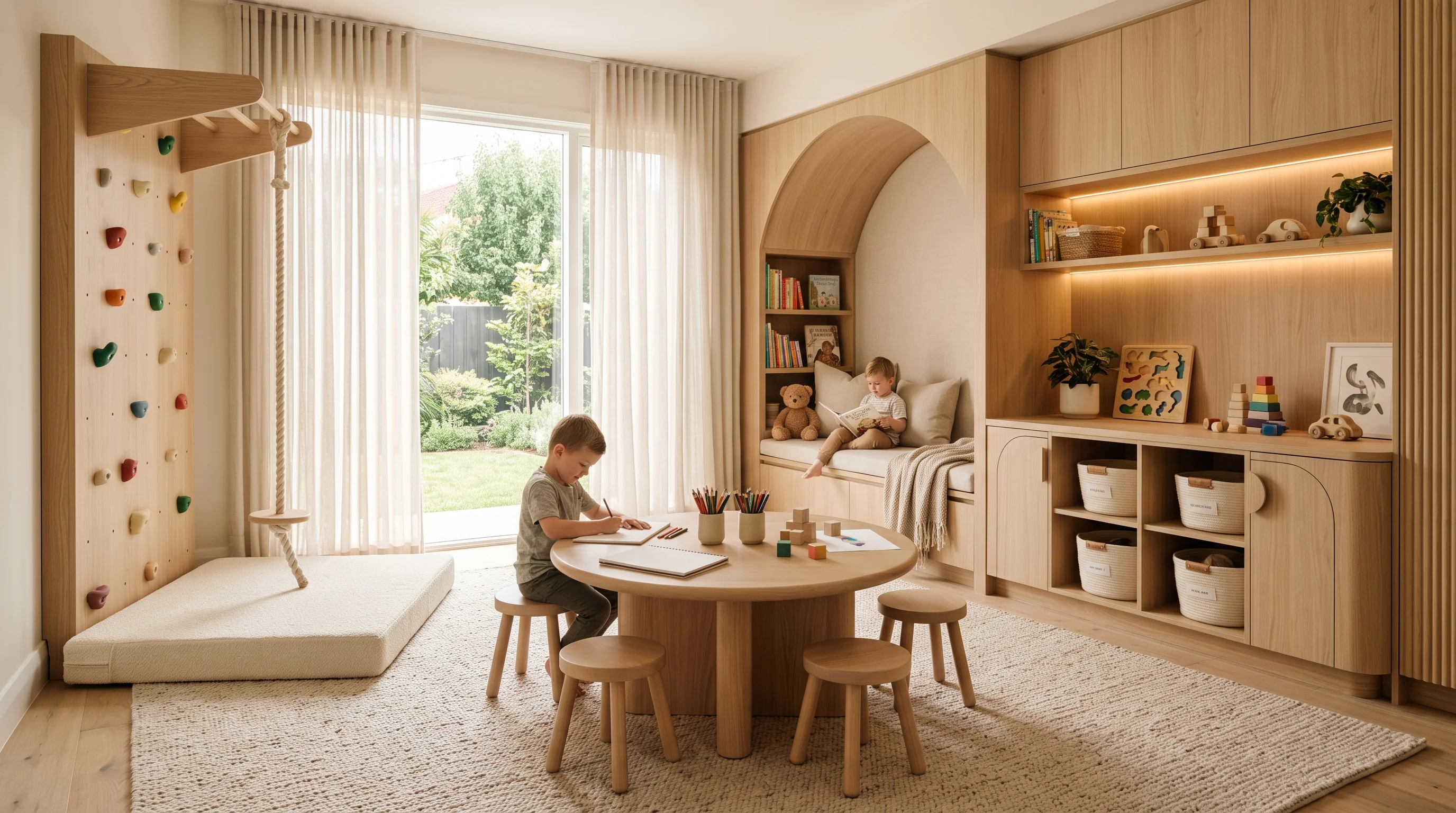 Purposeful playroom architecture balancing active play, sensory art, and organized storage