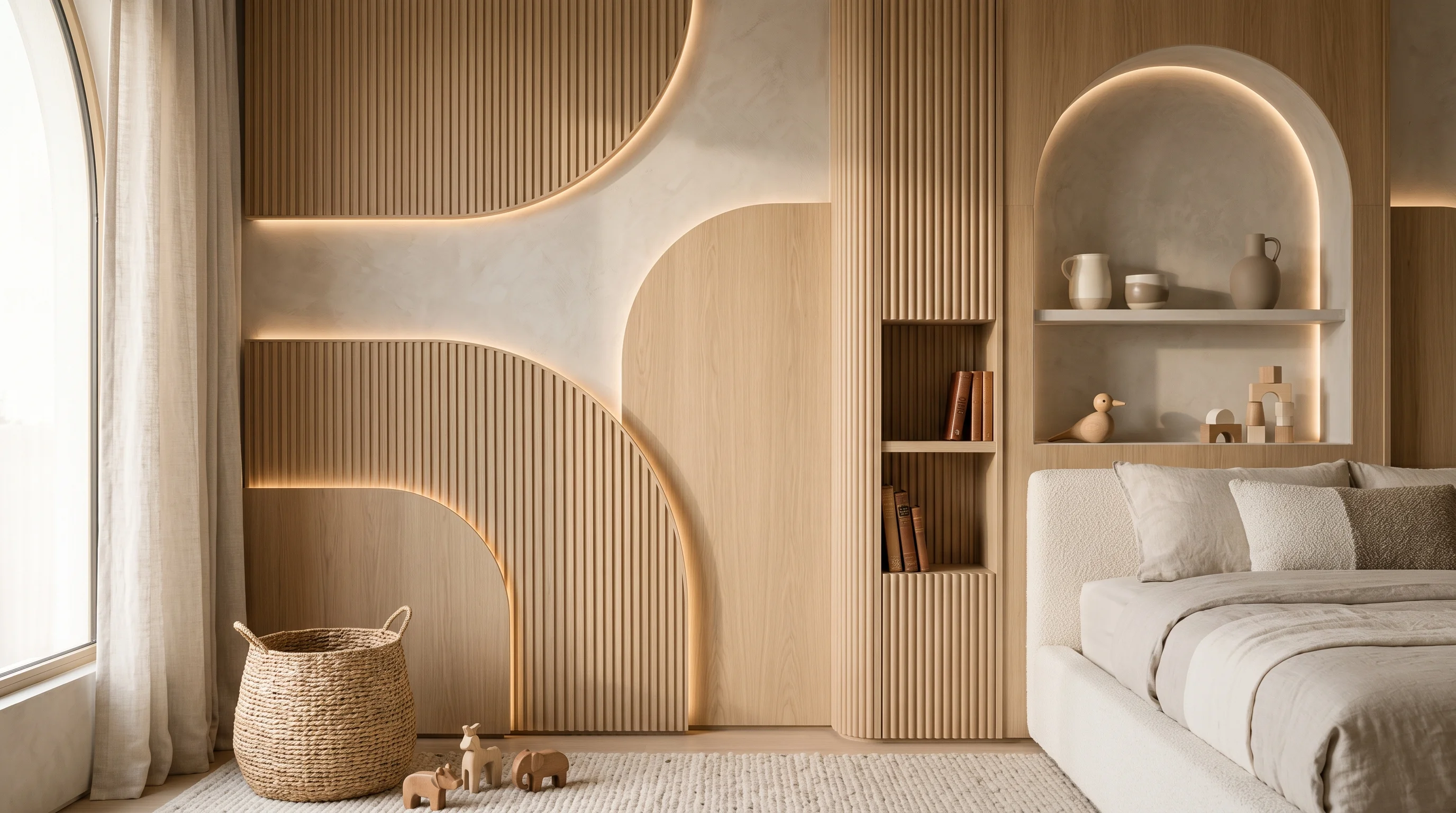 Wall Features discipline: acoustic timber slat panels and hand-troweled lime plaster