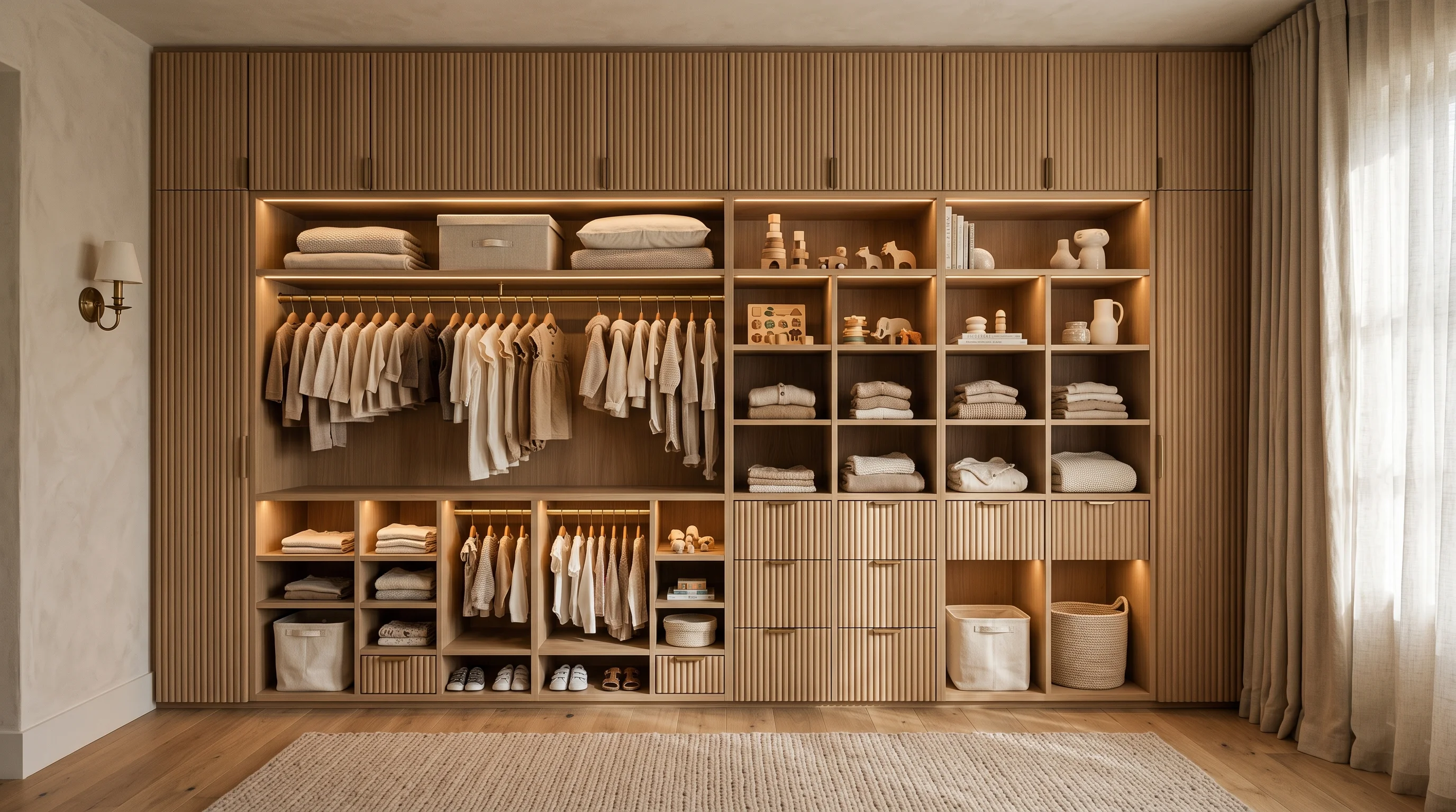 Smart Wardrobes discipline: child-height illuminated wardrobes and pull-out drawers