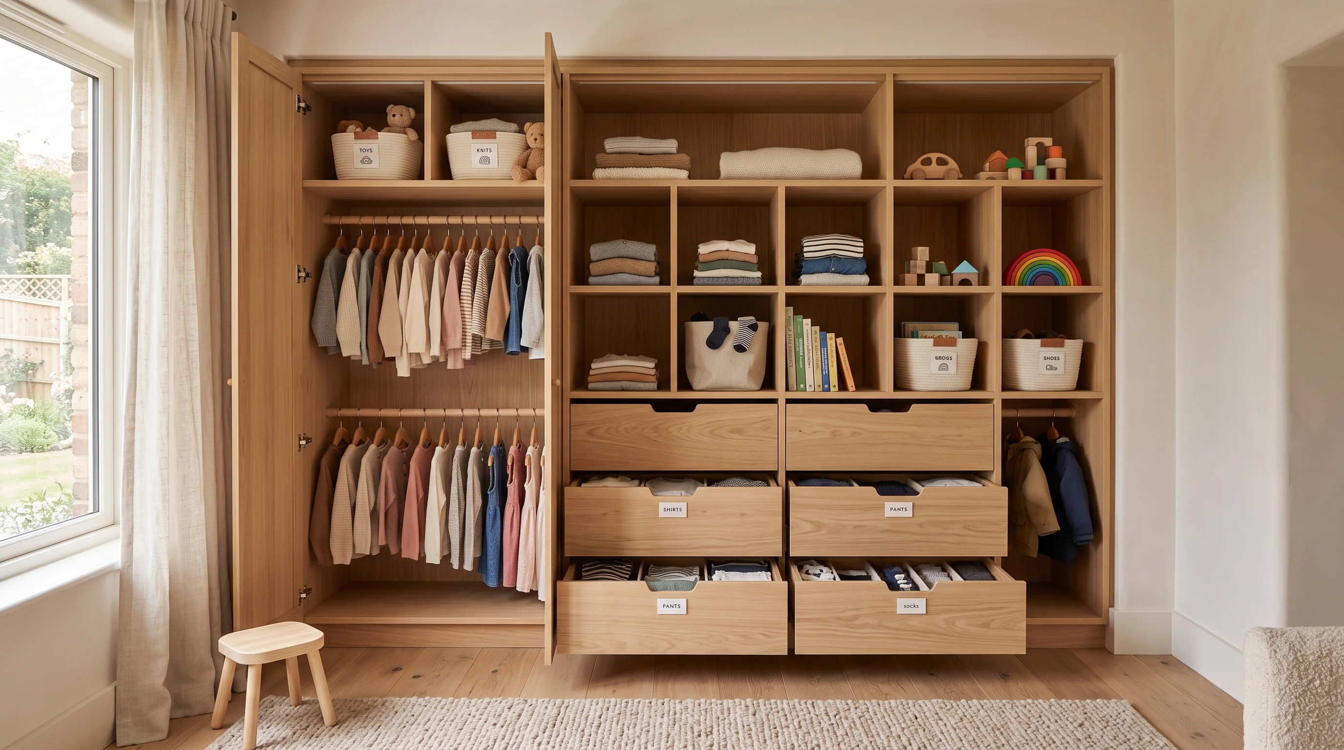 Child-accessible wardrobe architecture encouraging independence and self-dressing