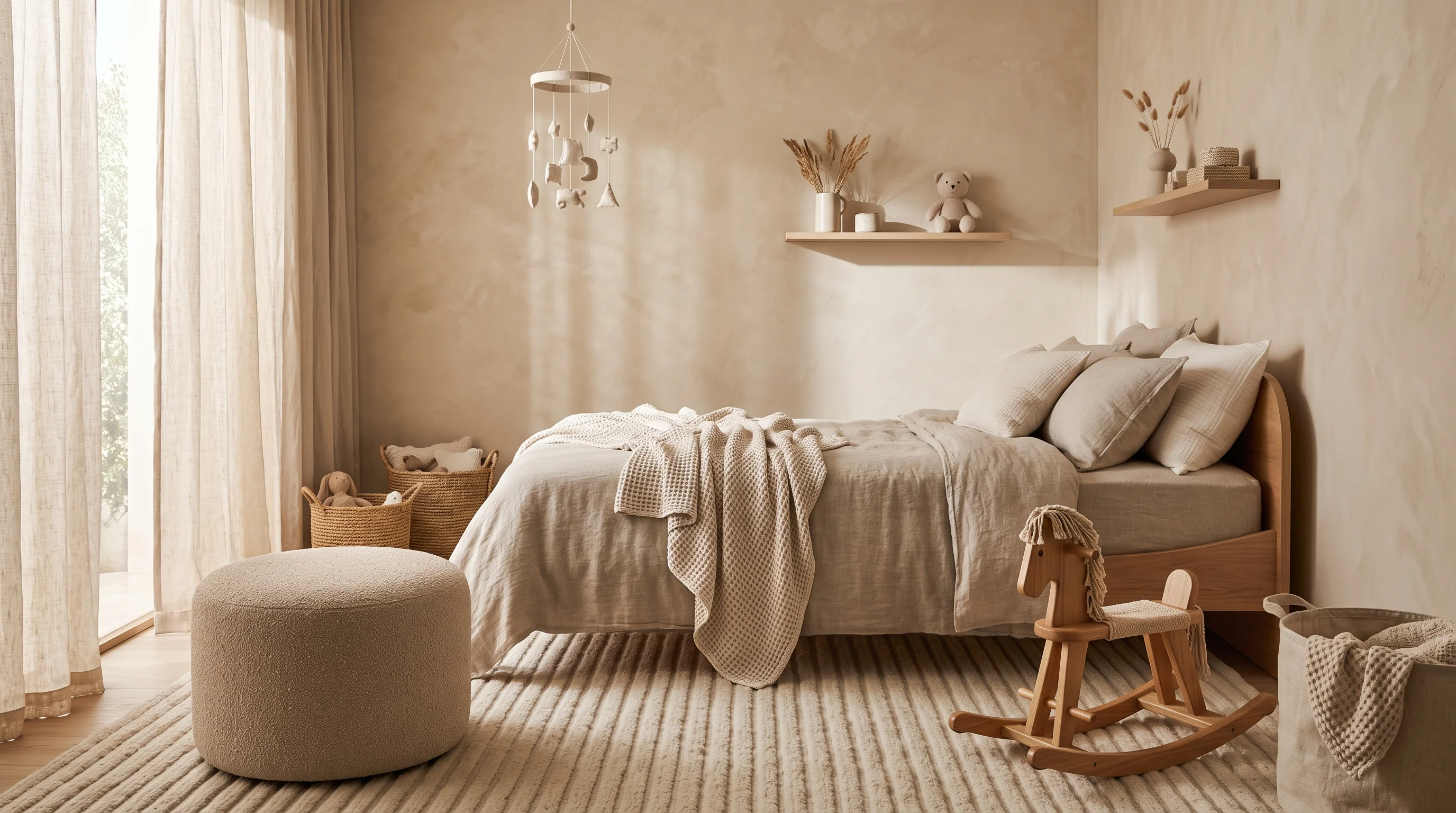 Sensory tactile fabrics, hypoallergenic wool rugs, and natural Belgian linen drapery