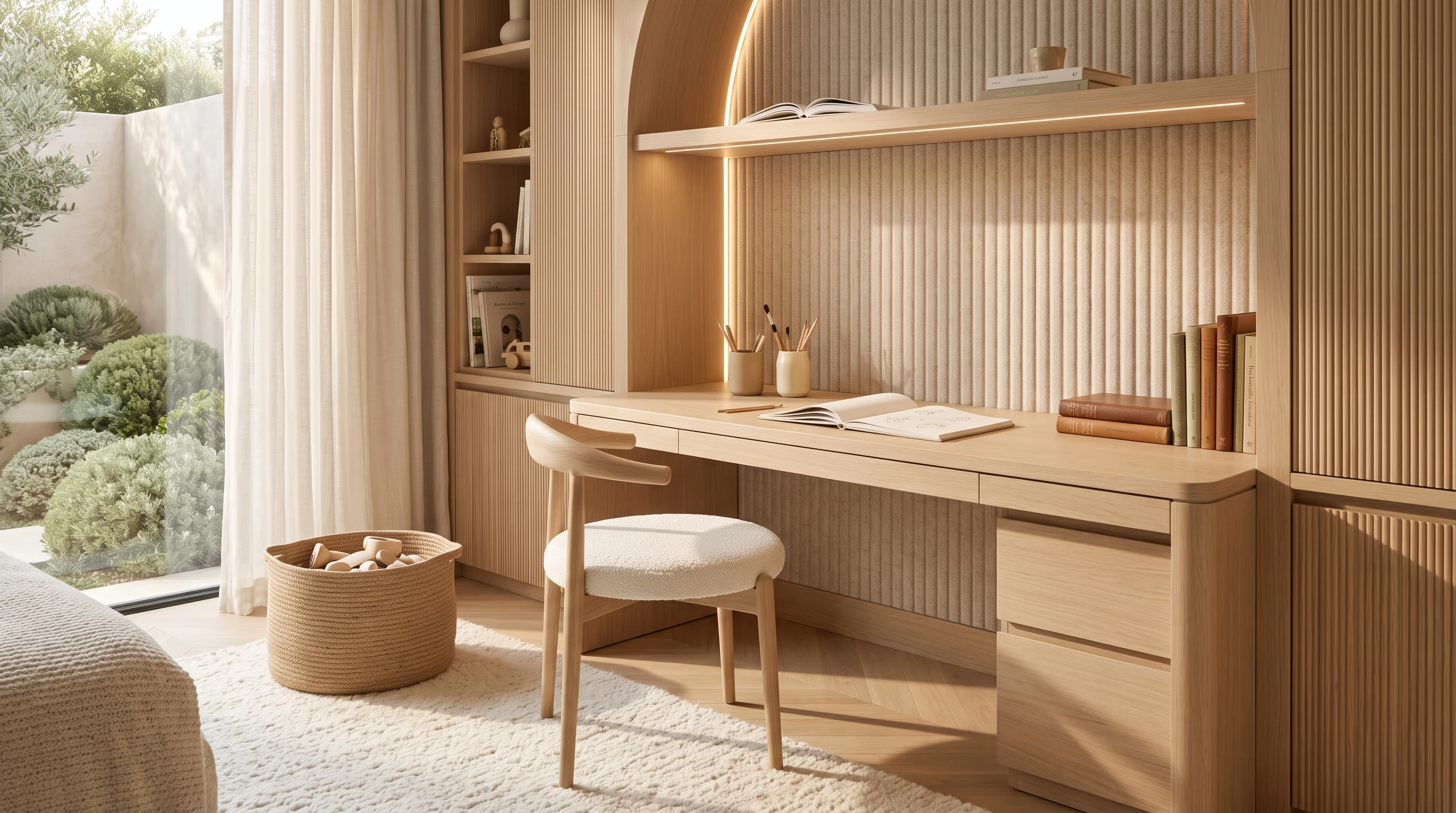 Ergonomic focus-driven study architecture with acoustic dampening joinery