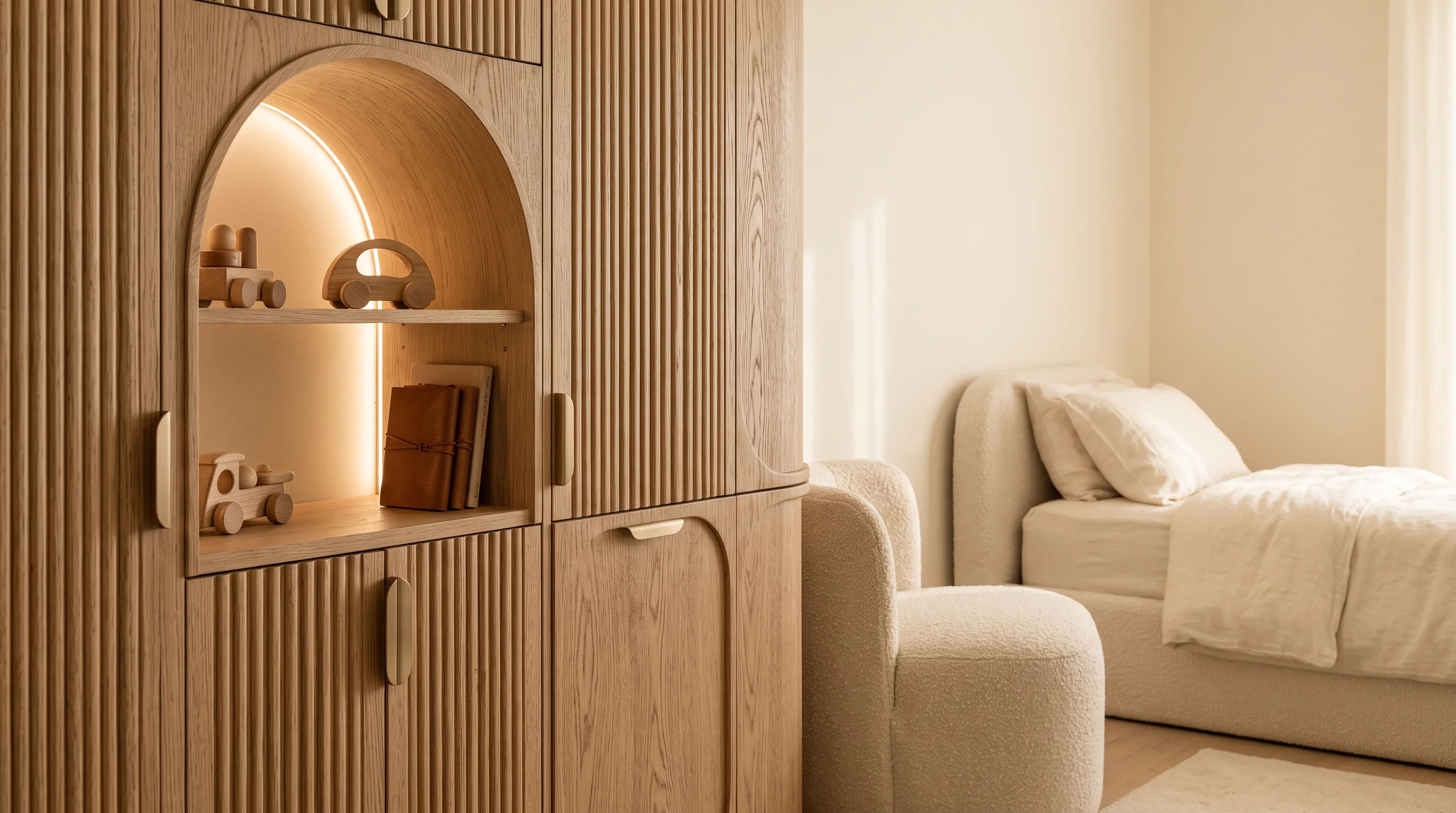 Tactile curved timber joinery and organic textile detail