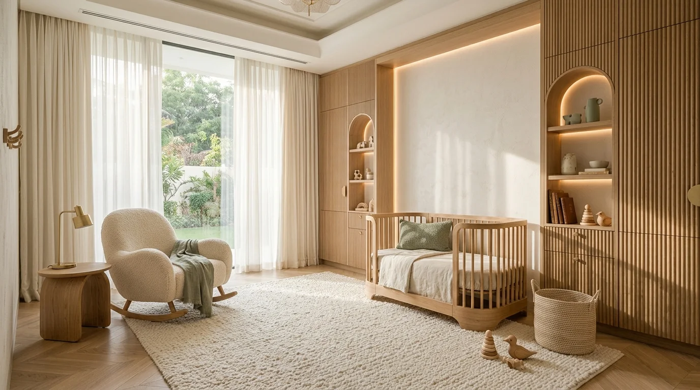 Warm minimalist nursery interior with natural timber architecture in Doha