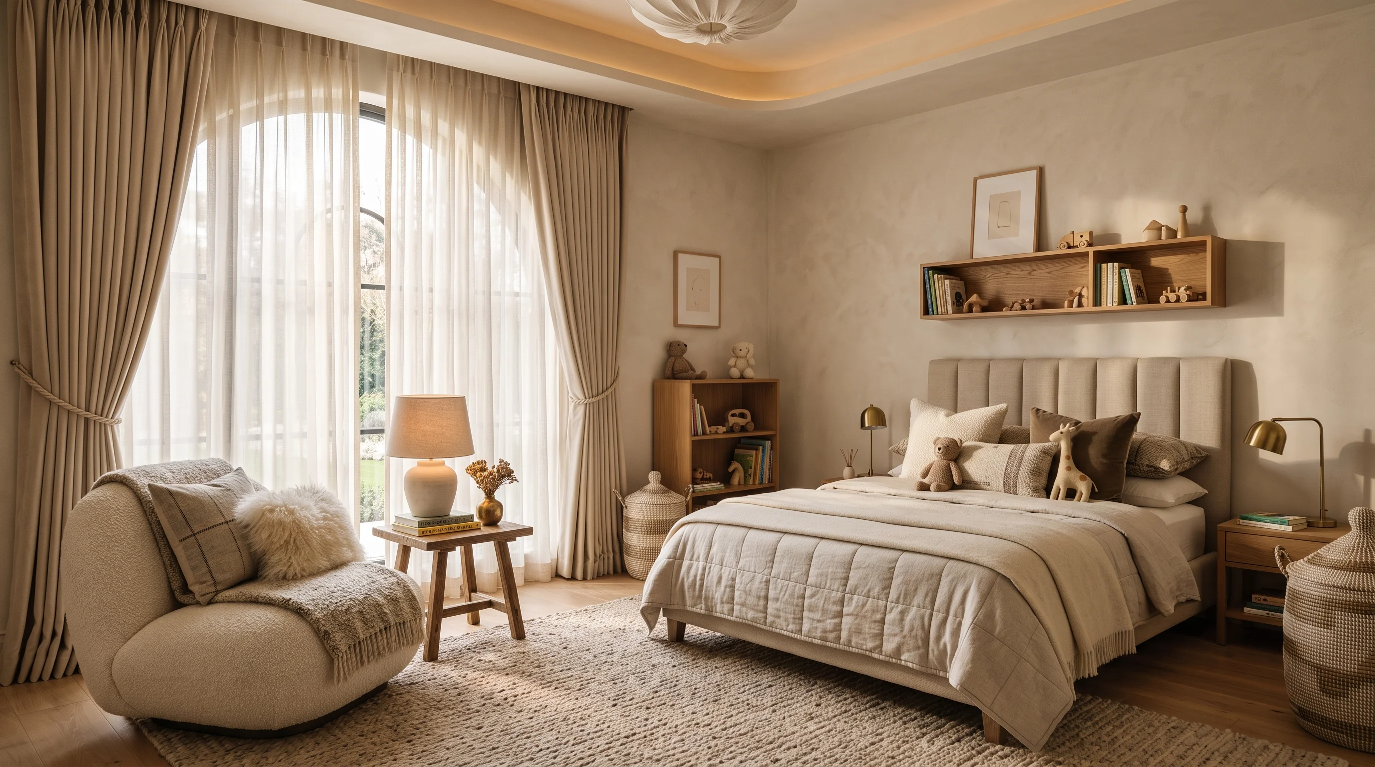 Soft Styling discipline: organic Belgian linen drapery and circadian LED lighting